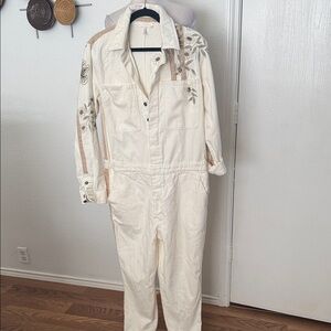 Free People Cream Jumpsuit with Floral Embroidery